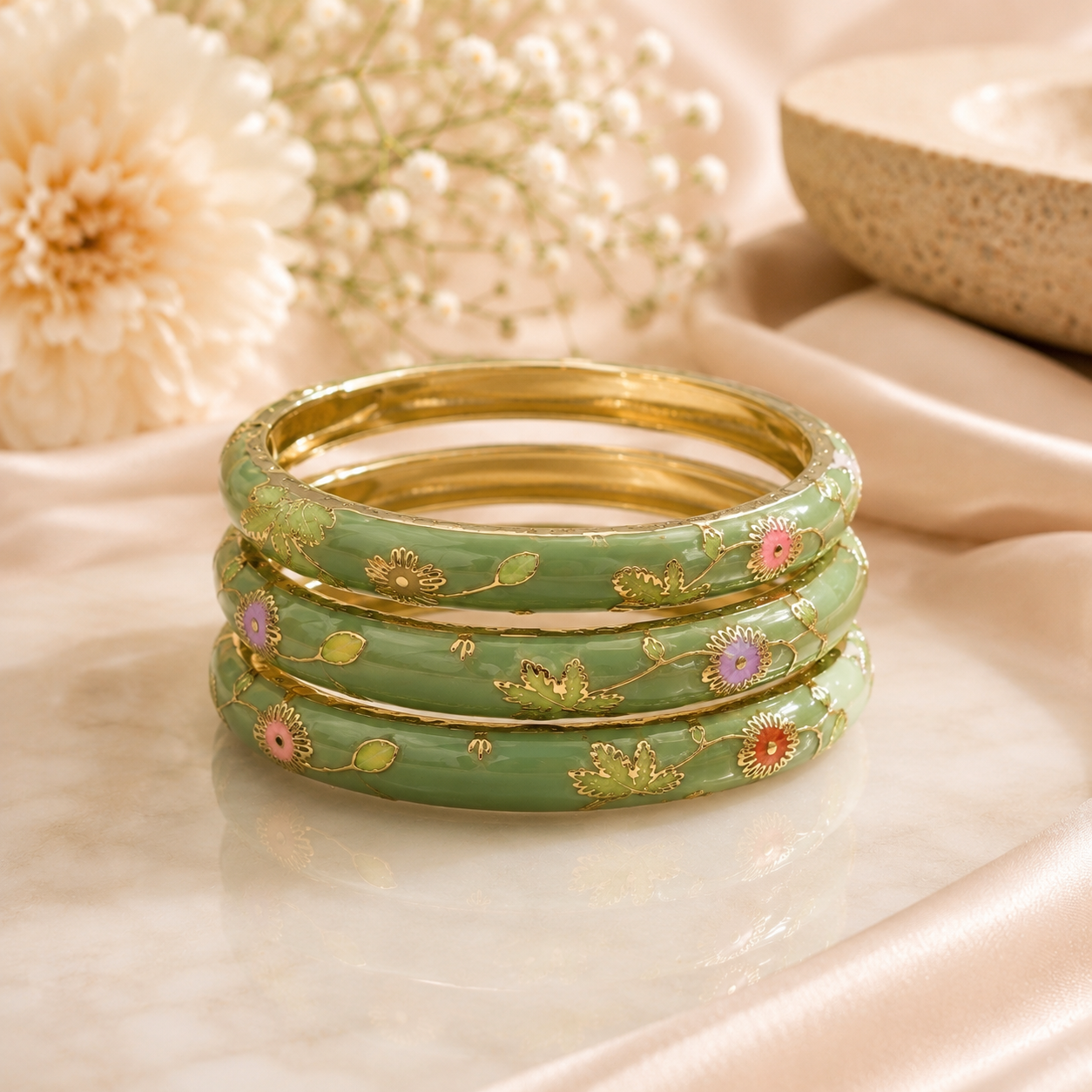 Floral Enamel Gold Bangle set