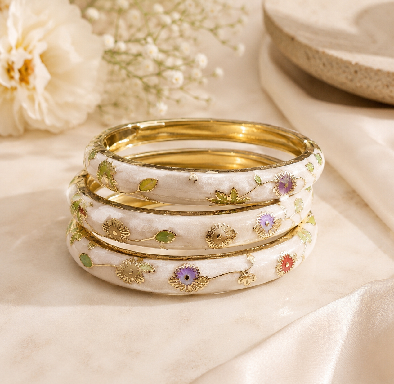 Floral Enamel Gold Bangle set