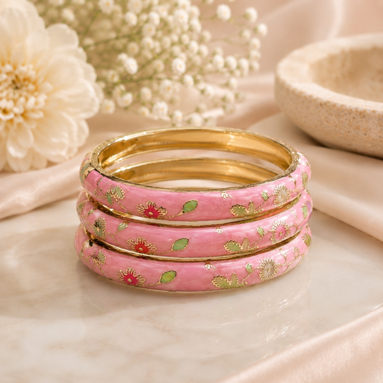 Floral Enamel Gold Bangle set